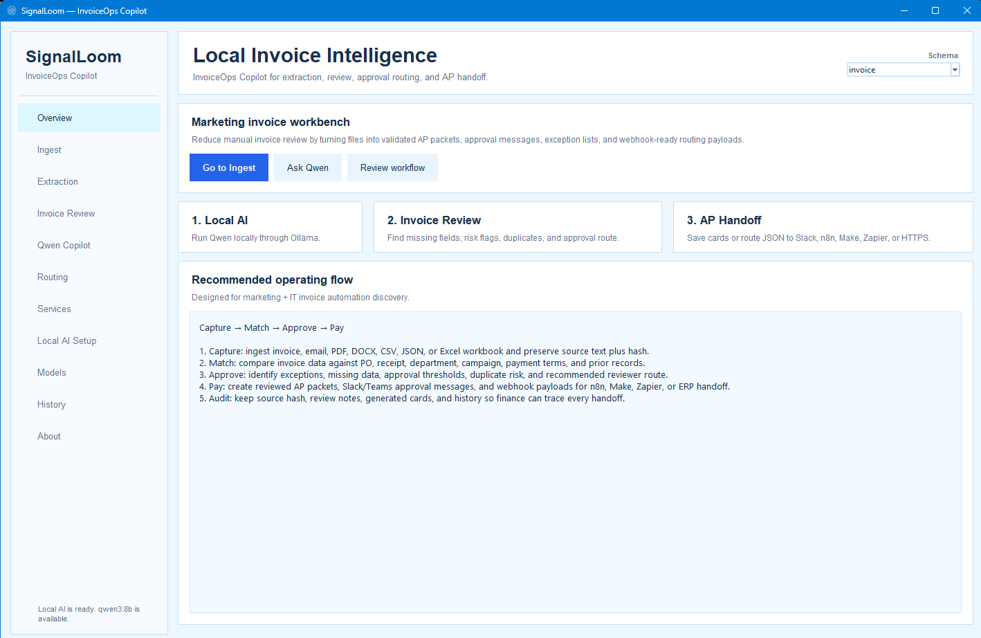 SignalLoom overview screen showing the marketing invoice workbench.