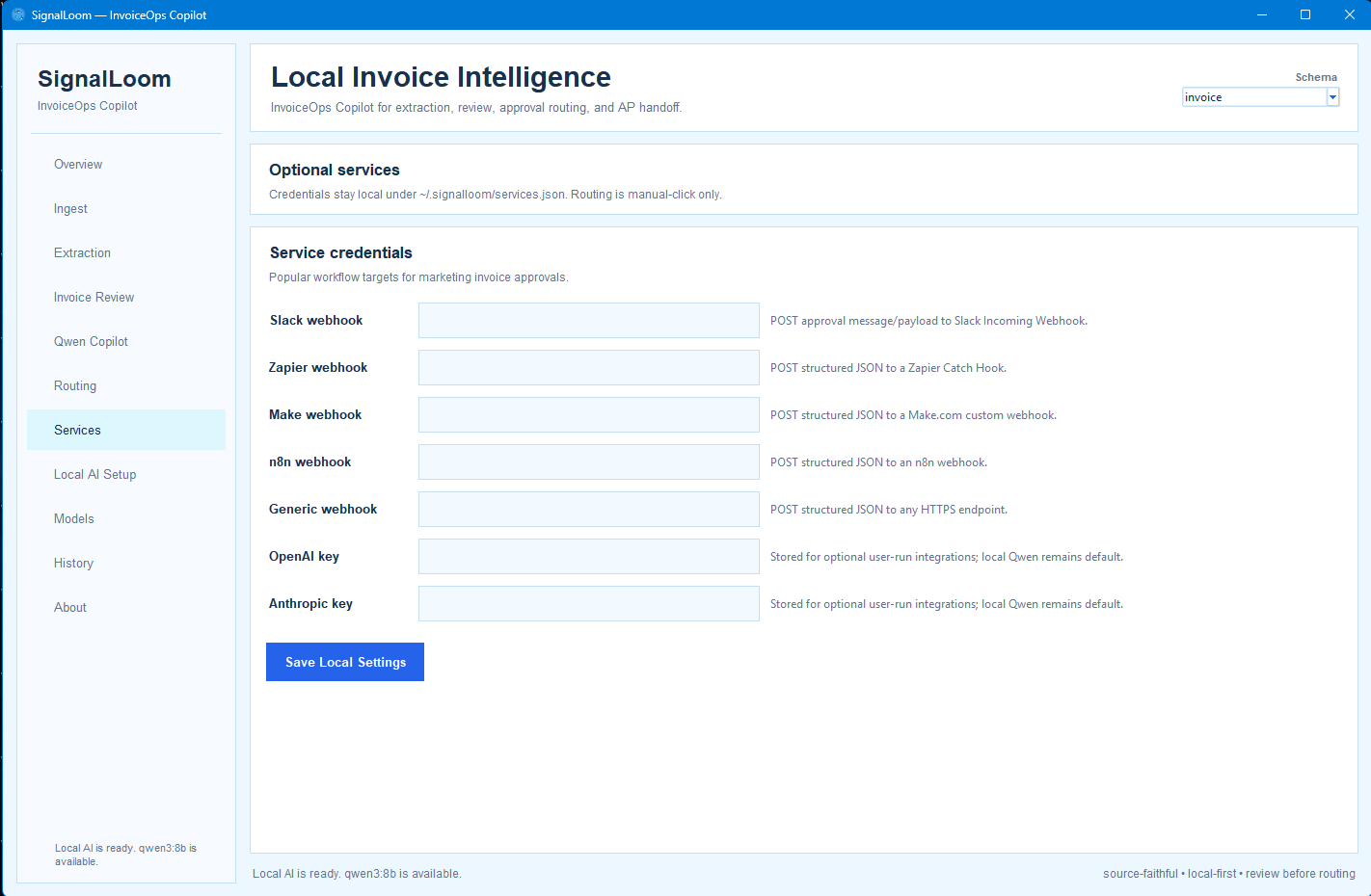 Services screen