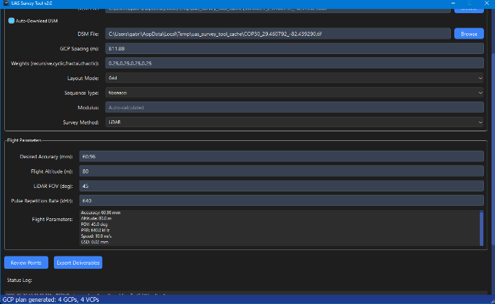 UAS Survey Tool running on Windows with a generated survey plan.